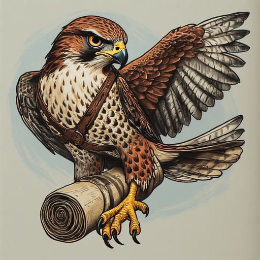 A swift carrier falcon bearing a scroll through the skies