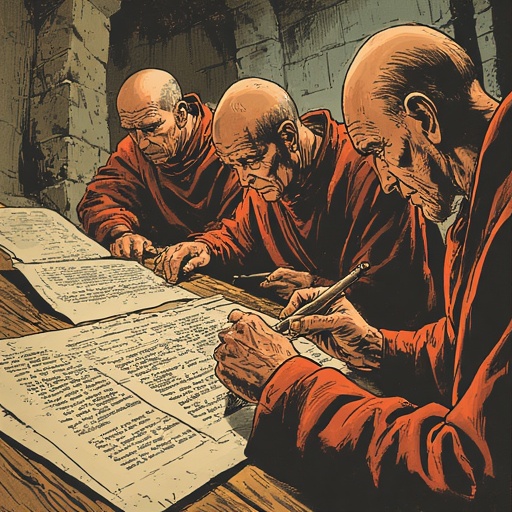 Monks carefully transcribing a screenshot by hand