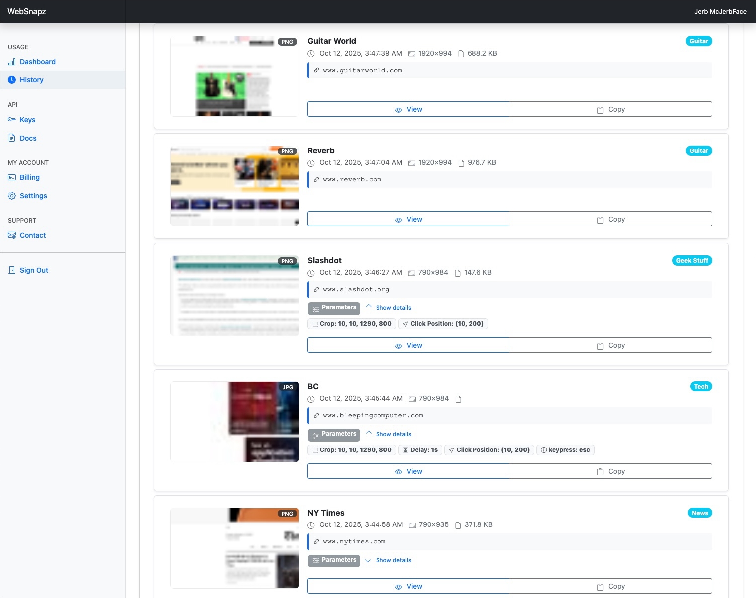 WebSnapz History Screenshot